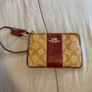 Coach Brown Signature Canvas Wristlet with Burgundy Trim